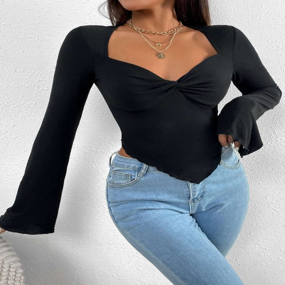 BENIN Women's t-Shirt Flounce Sleeve Trumpet Sleeve Lettuce Trim Twist Hanky Hem Crop Tee Long Sleeve