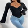 BENIN Women's t-Shirt Flounce Sleeve Trumpet Sleeve Lettuce Trim Twist Hanky Hem Crop Tee Long Sleeve view 1