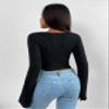 BENIN Women's t-Shirt Flounce Sleeve Trumpet Sleeve Lettuce Trim Twist Hanky Hem Crop Tee Long Sleeve view 2