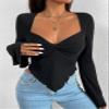 BENIN Women's t-Shirt Flounce Sleeve Trumpet Sleeve Lettuce Trim Twist Hanky Hem Crop Tee Long Sleeve view 3