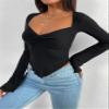 BENIN Women's t-Shirt Flounce Sleeve Trumpet Sleeve Lettuce Trim Twist Hanky Hem Crop Tee Long Sleeve view 4