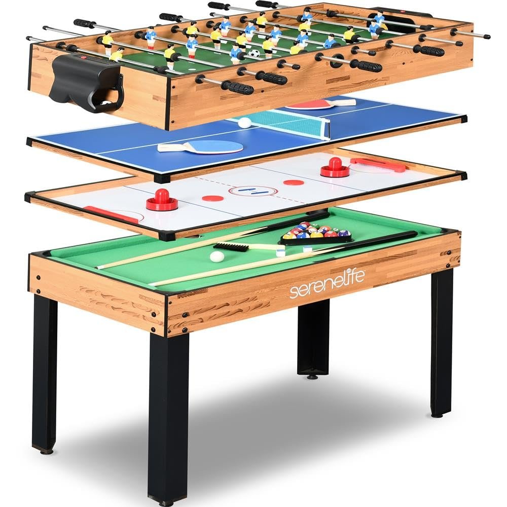 SereneLife Multi Game Table, 48 Sports Arcade Games with Accessories, Ping Pong, Hockey, Pool Billiards, Soccer Foosball All in One, for Indoor and Outdoor, Family, Kids and Adults
