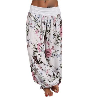 DGHM-JLMY Women's Printed Wide Leg Pleated Harem Casual Yoga Loose Hippy Pants Fashion Hippie Tie dye Baggy Harem Trouser (White,Small,5,OZ)