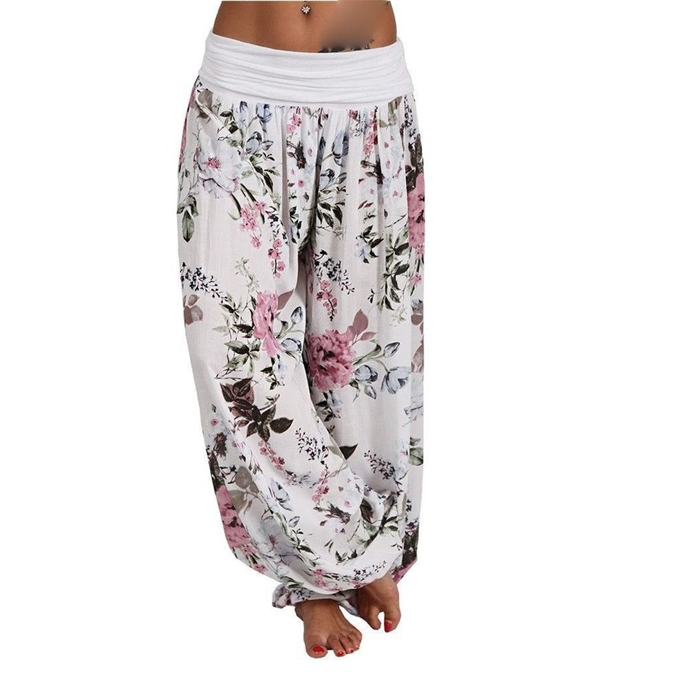 DGHM-JLMY Women's Printed Wide Leg Pleated Harem Casual Yoga Loose Hippy Pants Fashion Hippie Tie dye Baggy Harem Trouser (White,Small,5,OZ)