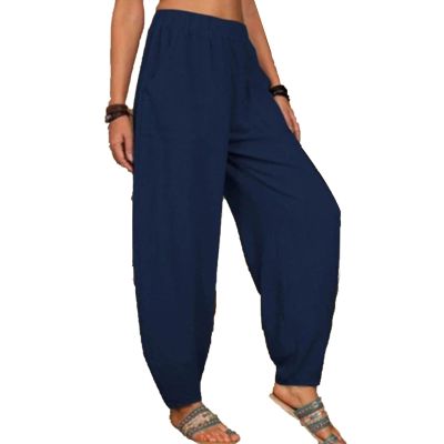 DGHM-JLMY Women's Solid Cotton Fashion Loose Casual Pants Pockets Linen Trousers Elastic Waist Lightweight Joggers Long Pants (Dark Blue,Small,5,OZ)