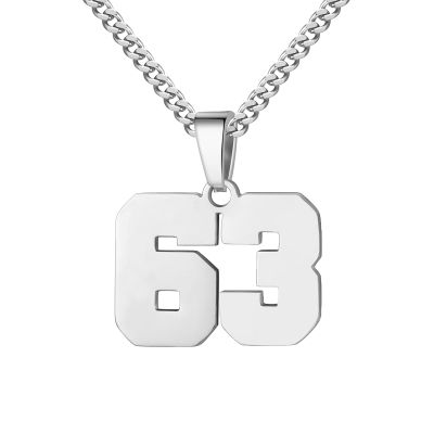 Number Necklace for Men 0-99 Athletes Jersey Number Necklace Stainless Steel Chain 22+2 inch Personalized Number Charm Pendant Inspirational Jewelry Basketball Baseball Football Gift for Men(Silver63)