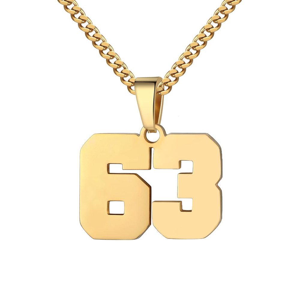 Number Necklace for Men 0-99 Athletes Jersey Number Necklace Stainless Steel Chain 22+2 inch Personalized Number Charm Pendant Inspirational Jewelry Basketball Baseball Football Gift for Men(Gold63)