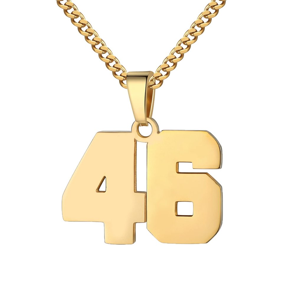 Number Necklace for Men 0-99 Athletes Jersey Number Necklace Stainless Steel Chain 22+2 inch Personalized Number Charm Pendant Inspirational Jewelry Basketball Baseball Football Gift for Men(Gold46)