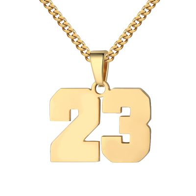 Number Necklace for Men 0-99 Athletes Jersey Number Necklace Stainless Steel Chain 22+2 inch Personalized Number Charm Pendant Inspirational Jewelry Basketball Baseball Football Gift for Men(Gold23)