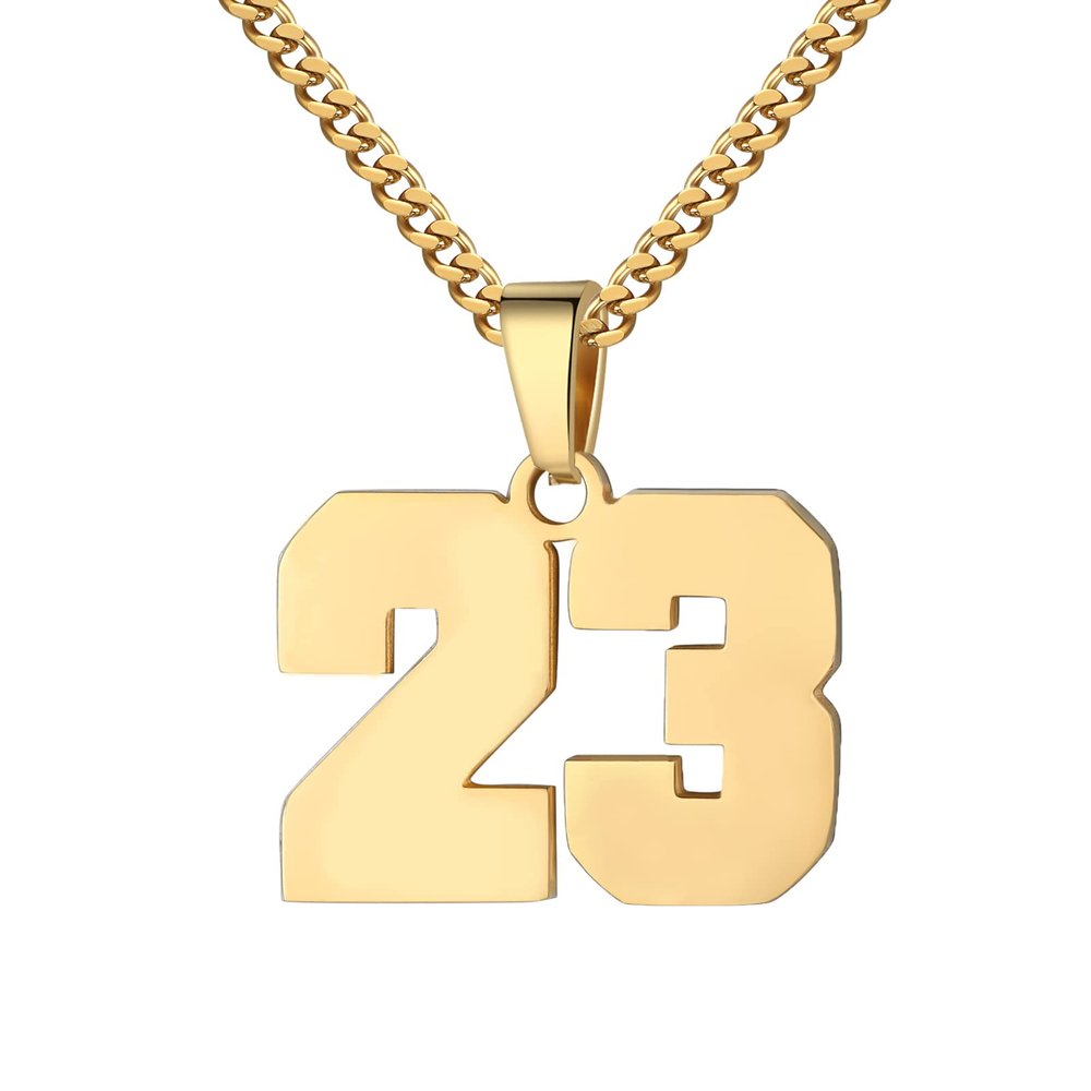Number Necklace for Men 0-99 Athletes Jersey Number Necklace Stainless Steel Chain 22+2 inch Personalized Number Charm Pendant Inspirational Jewelry Basketball Baseball Football Gift for Men(Gold23)