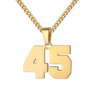 Number Necklace for Men 0-99 Athletes Jersey Number Necklace Stainless Steel Chain 22+2 inch Personalized Number Charm Pendant Inspirational Jewelry Basketball Baseball Football Gift for Men(Gold45)