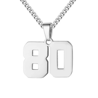 Number Necklace for Men 0-99 Athletes Jersey Number Necklace Stainless Steel Chain 22+2 inch Personalized Number Charm Pendant Inspirational Jewelry Basketball Baseball Football Gift for Men(Silver80)