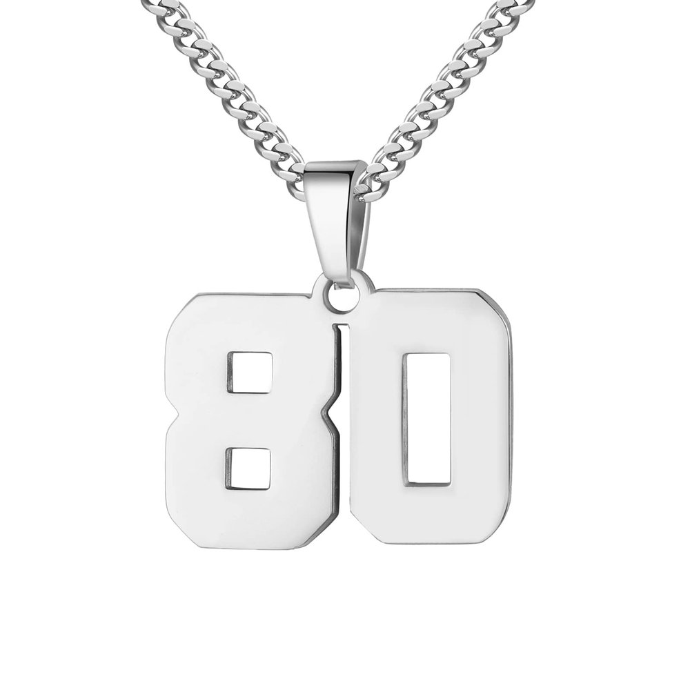 Number Necklace for Men 0-99 Athletes Jersey Number Necklace Stainless Steel Chain 22+2 inch Personalized Number Charm Pendant Inspirational Jewelry Basketball Baseball Football Gift for Men(Silver80)