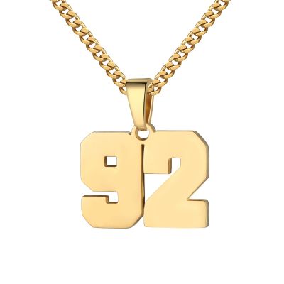 Number Necklace for Men 0-99 Athletes Jersey Number Necklace Stainless Steel Chain 22+2 inch Personalized Number Charm Pendant Inspirational Jewelry Basketball Baseball Football Gift for Men(Gold92)