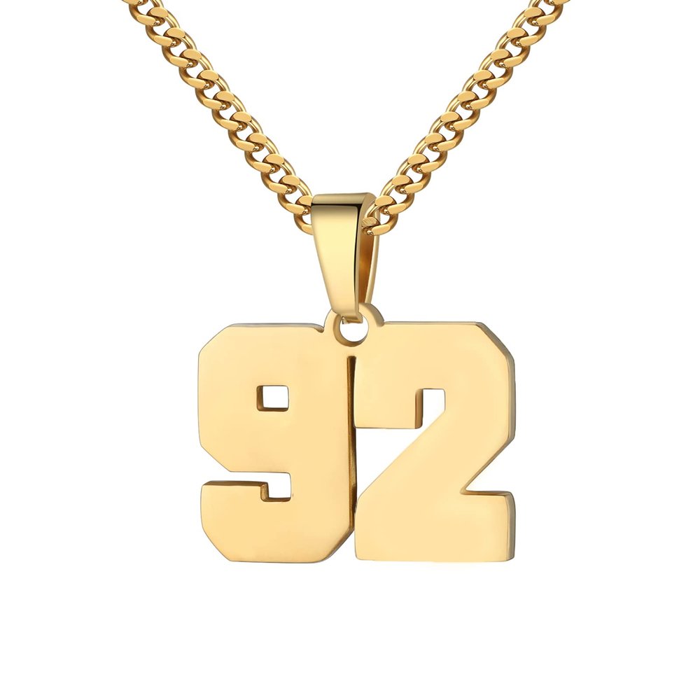 Number Necklace for Men 0-99 Athletes Jersey Number Necklace Stainless Steel Chain 22+2 inch Personalized Number Charm Pendant Inspirational Jewelry Basketball Baseball Football Gift for Men(Gold92)