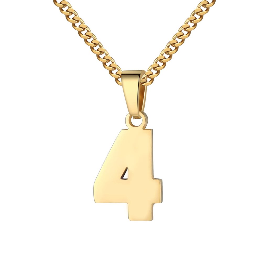 Number Necklace for Men 0-99 Athletes Jersey Number Necklace Stainless Steel Chain 22+2 inch Personalized Number Charm Pendant Inspirational Jewelry Basketball Baseball Football Gift for Men(Gold4)