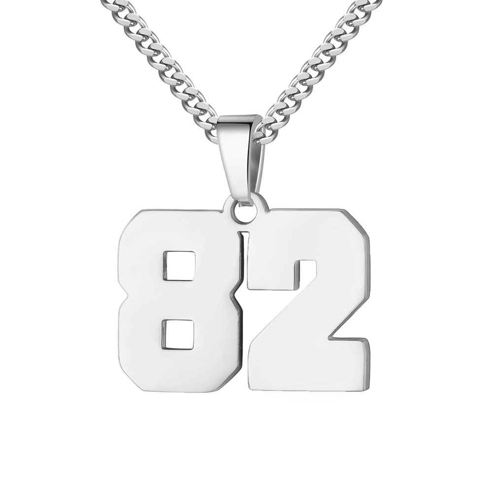 Number Necklace for Men 0-99 Athletes Jersey Number Necklace Stainless Steel Chain 22+2 inch Personalized Number Charm Pendant Inspirational Jewelry Basketball Baseball Football Gift for Men(Silver82)