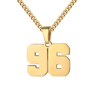 Number Necklace for Men 0-99 Athletes Jersey Number Necklace Stainless Steel Chain 22+2 inch Personalized Number Charm Pendant Inspirational Jewelry Basketball Baseball Football Gift for Men(Gold96)