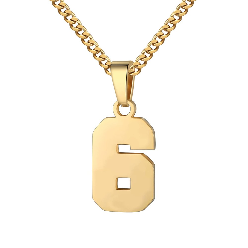 Number Necklace for Men 0-99 Athletes Jersey Number Necklace Stainless Steel Chain 22+2 inch Personalized Number Charm Pendant Inspirational Jewelry Basketball Baseball Football Gift for Men(Gold6)