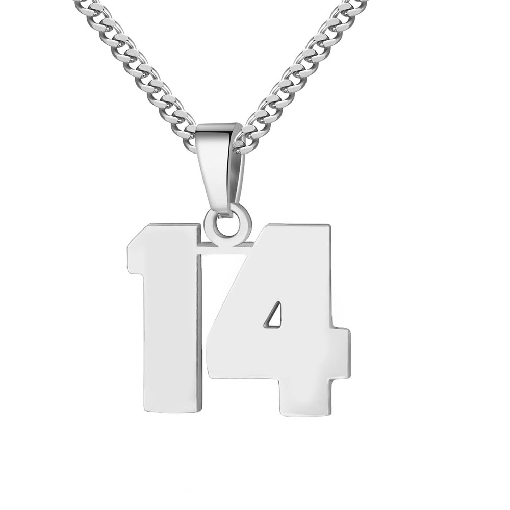 Number Necklace for Men 0-99 Athletes Jersey Number Necklace Stainless Steel Chain 22+2 inch Personalized Number Charm Pendant Inspirational Jewelry Basketball Baseball Football Gift for Men(Silver14)