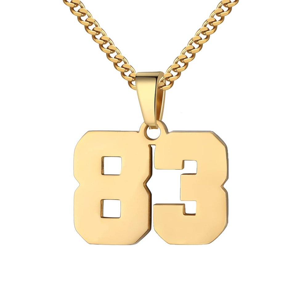 Number Necklace for Men 0-99 Athletes Jersey Number Necklace Stainless Steel Chain 22+2 inch Personalized Number Charm Pendant Inspirational Jewelry Basketball Baseball Football Gift for Men(Gold83)