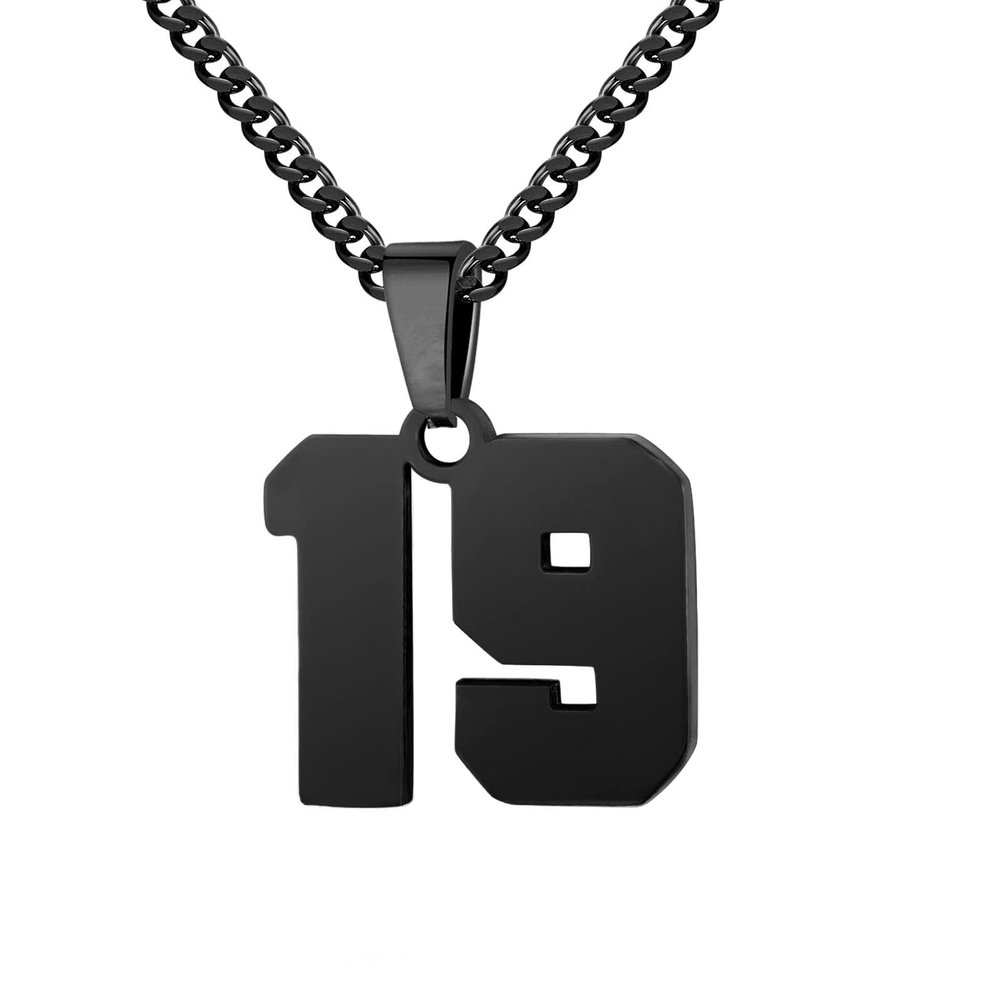 Number Necklace for Men 0-99 Athletes Jersey Number Necklace Stainless Steel Chain 22+2 inch Personalized Number Charm Pendant Inspirational Jewelry Basketball Baseball Football Gift for Men(Black19)