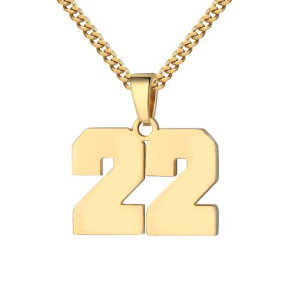Number Necklace for Men 0-99 Athletes Jersey Number Necklace Stainless Steel Chain 22+2 inch Personalized Number Charm Pendant Inspirational Jewelry Basketball Baseball Football Gift for Men(Gold22)