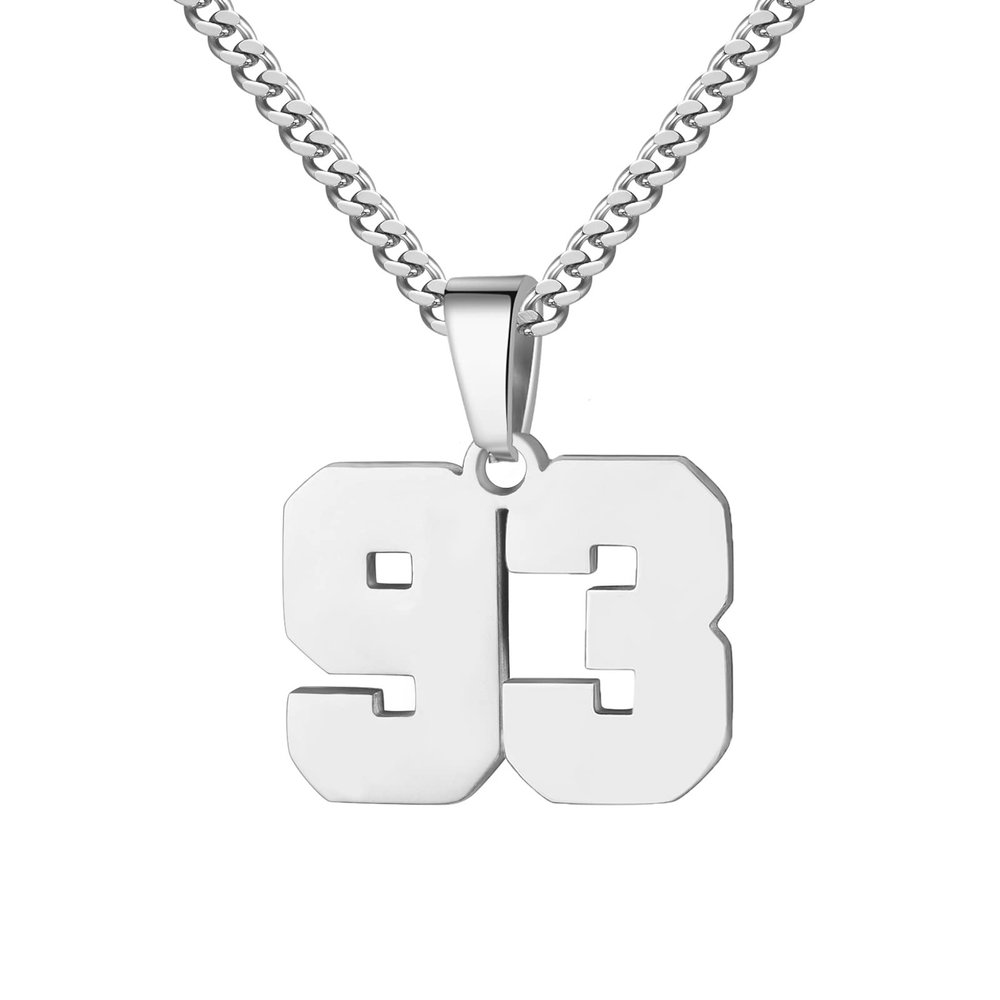 Number Necklace for Men 0-99 Athletes Jersey Number Necklace Stainless Steel Chain 22+2 inch Personalized Number Charm Pendant Inspirational Jewelry Basketball Baseball Football Gift for Men(Silver93)