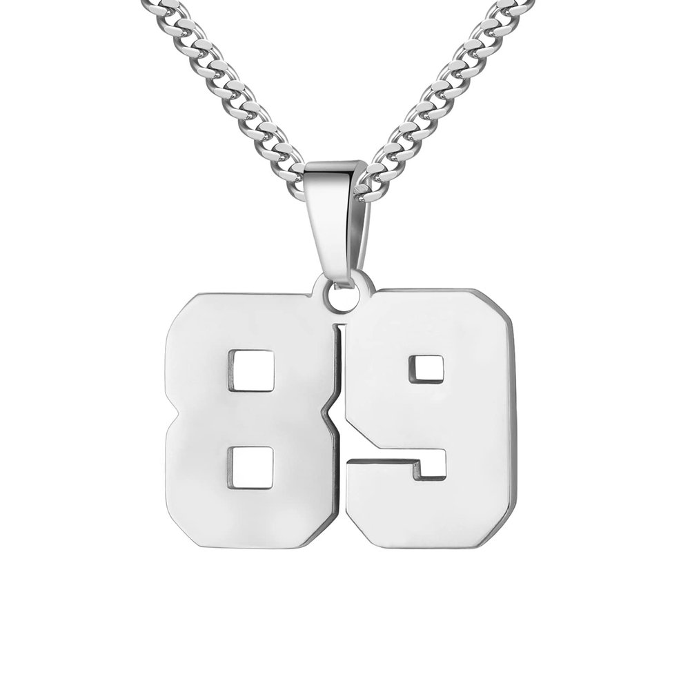 Number Necklace for Men 0-99 Athletes Jersey Number Necklace Stainless Steel Chain 22+2 inch Personalized Number Charm Pendant Inspirational Jewelry Basketball Baseball Football Gift for Men(Silver89)
