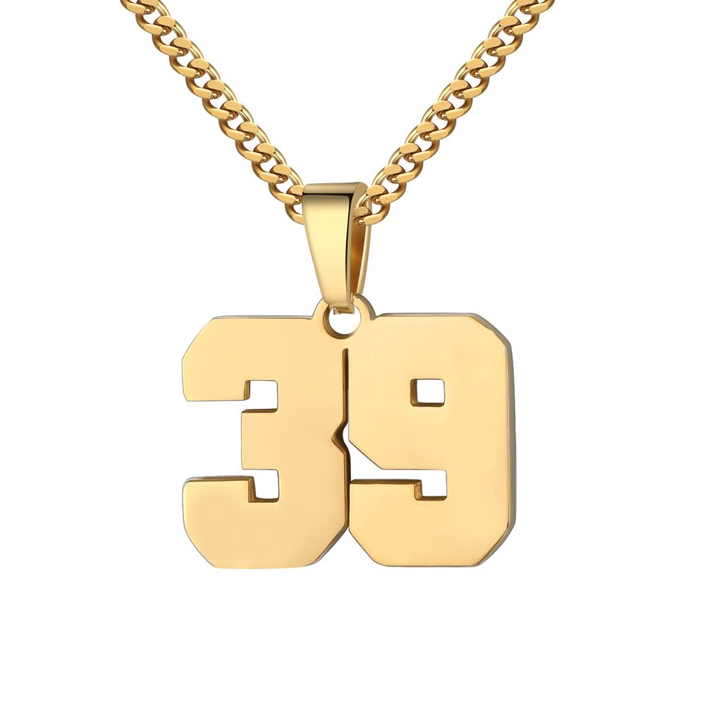 Number Necklace for Men 0-99 Athletes Jersey Number Necklace Stainless Steel Chain 22+2 inch Personalized Number Charm Pendant Inspirational Jewelry Basketball Baseball Football Gift for Men(Gold39)