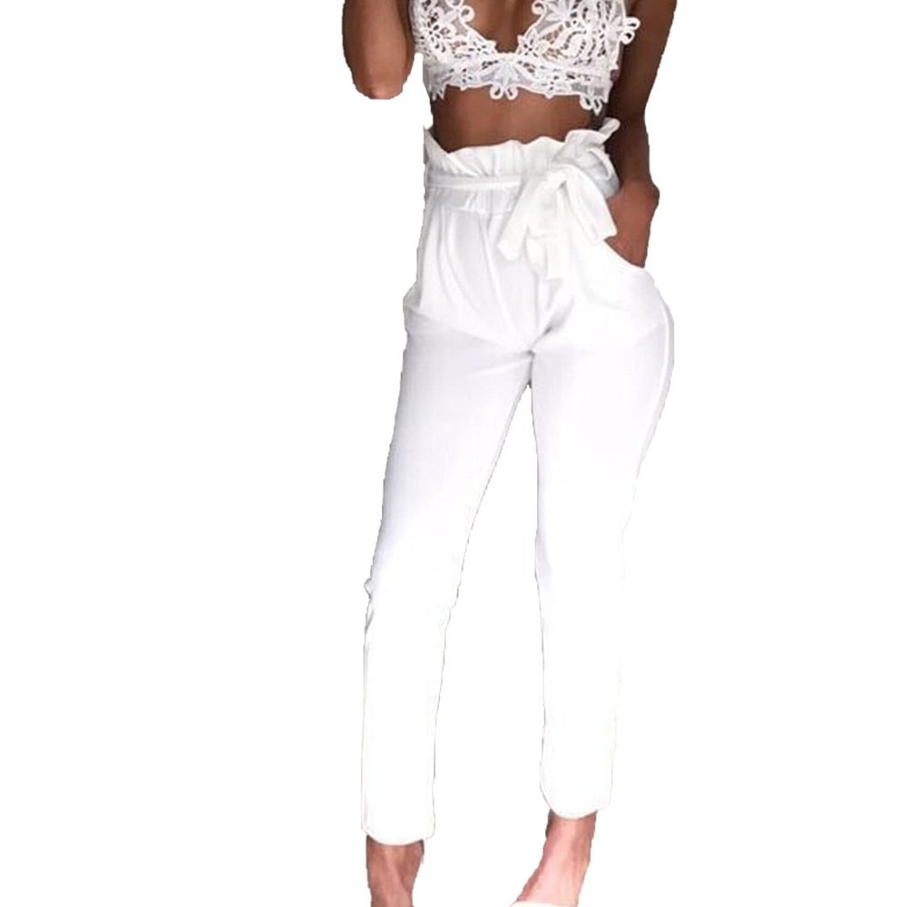 DGHM-JLMY Women's High Waist Free Belt Pencil Pants Elastic Belted Casual Loose Pants Paper Bag Pants Pockets Tie Cropped (White,Small,5,OZ)
