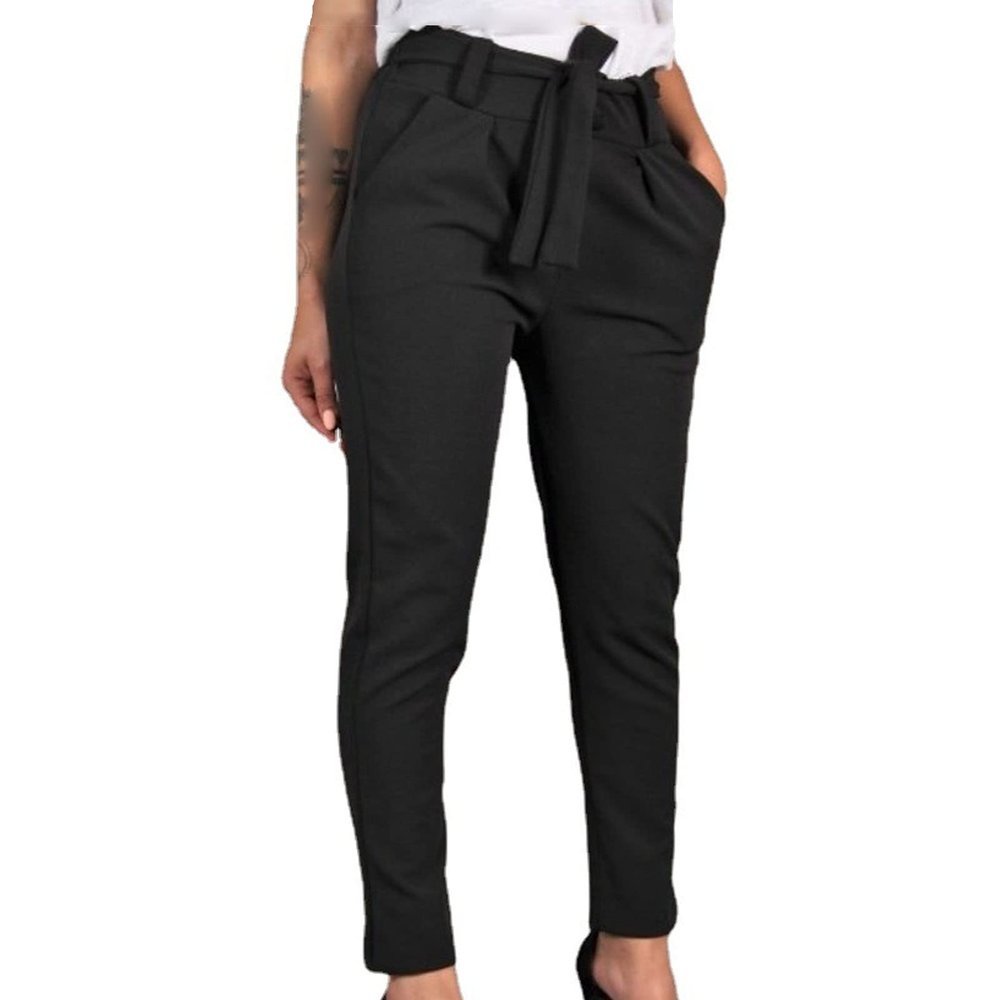 DGHM-JLMY Women's Fashion Casual Pants Relaxed Fit Lightweight Stretch Woven Pants High Waist Pencil Pants Bow-Knot Pockets (Black,Small,5,OZ)