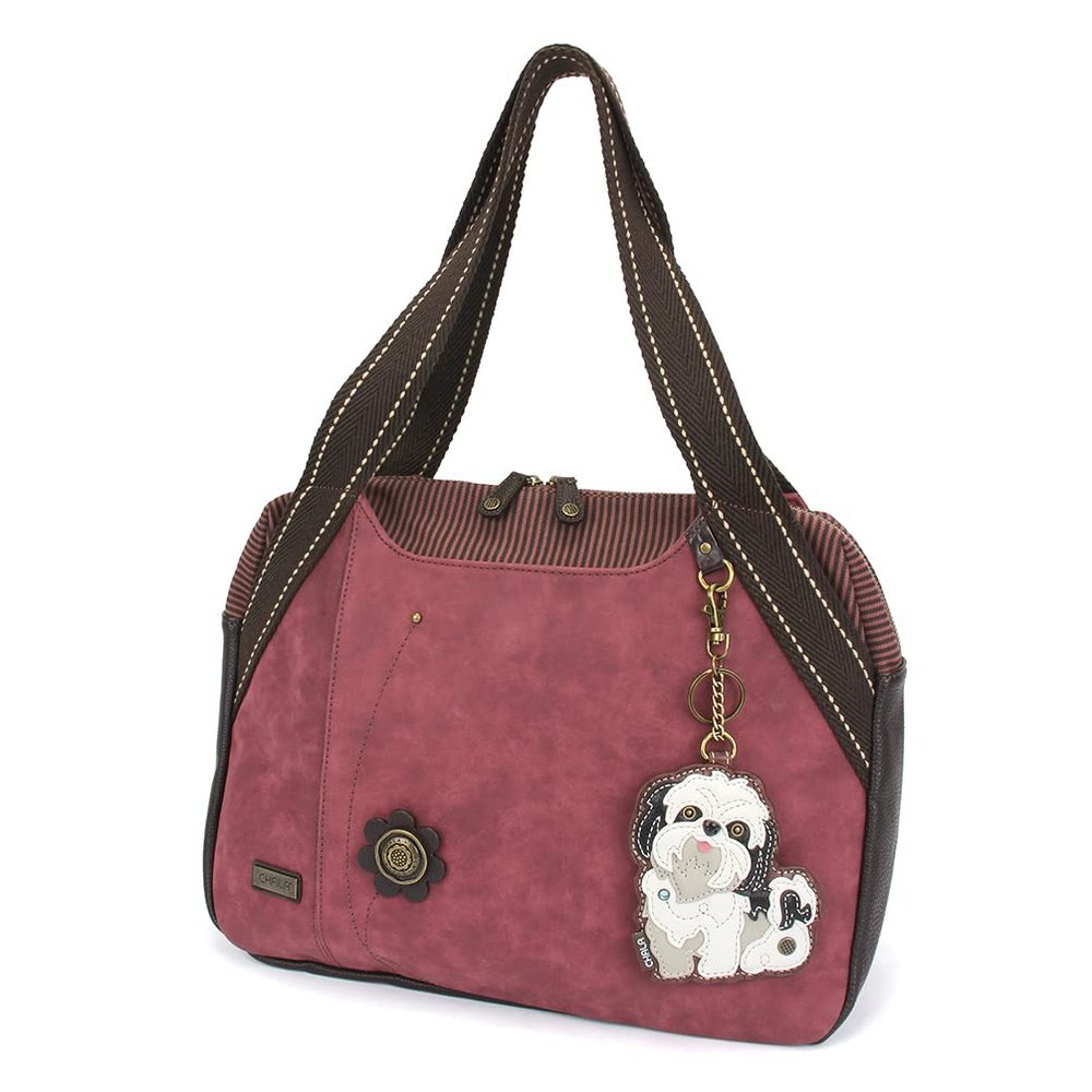 CHALA Bowling Bag - White Shih Tzu - Burgundy