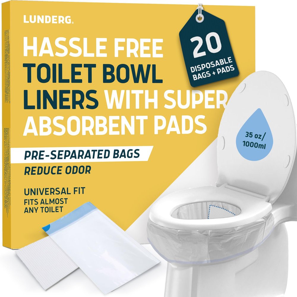 Lunderg Toilet Liners with Lemon Scented Super Absorbent Pads - Value Pack 20 Count Universal Fit - Disposable Toilet Bags - Convert any Home, Boat or Camping WC into a Dry Flush - Emergency must have