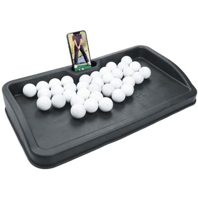 Heavy Duty Golf Ball Tray - with Cell Phone Holder Record Golf Swing - 100 Ball Capacity - High Impact Rubber Golf Tray Compatible with All Hitting Mats