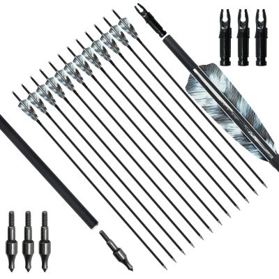 28"/30" Archery Carbon Arrow Spine400/500 with 4" Camo True Feather and Detachable Tip for Recurve and Compound and Traditional Bows (12 Pack) (30 inches,Spine 400)