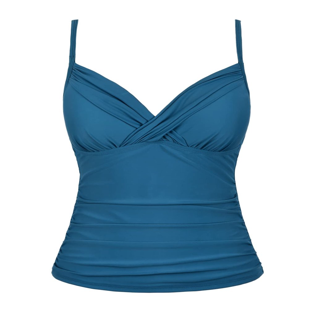 coastal rose Plus Size Swim Tops for Women V Neck Ruched Bathing Suit Tankini Tops Wrap Swimwear US18 Aquamarine Blue