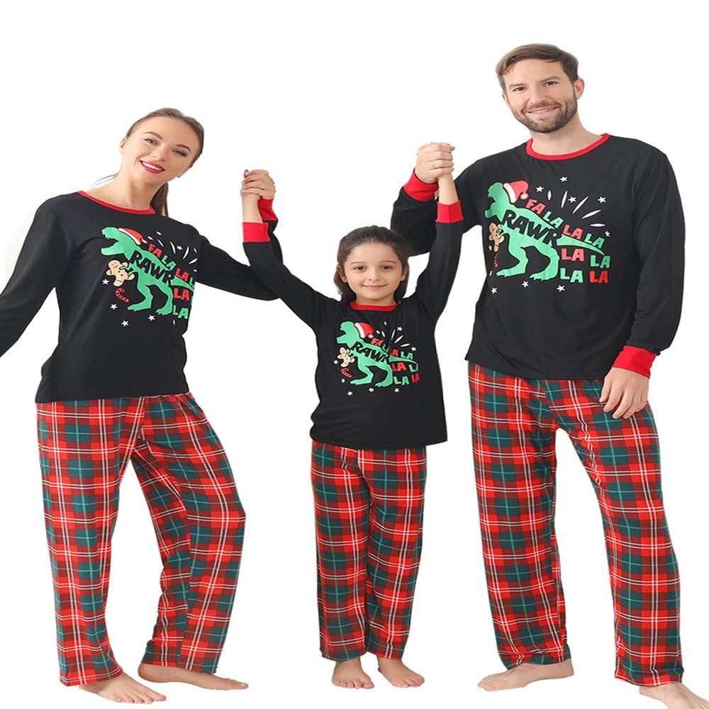 ANGELGGH Matching Christmas Pajamas for Family, Cute Vacation PJs Sets for Couples/Women/Men, Xmas 2 Piece Jammies Sleepwear (Youth, 2-3T, Black Dinosaur)
