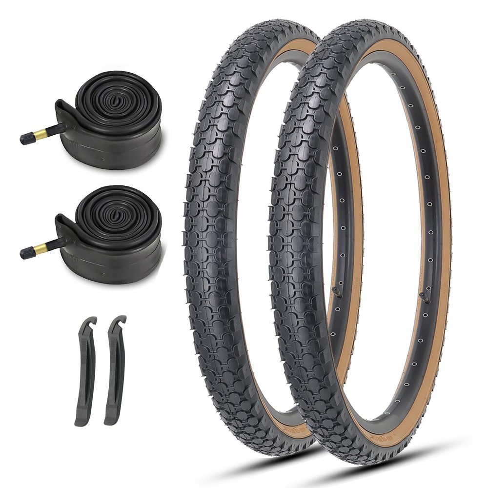 MOHEGIA 26 Inch Cruiser Bike Tires Replacement Set with 2 Pack 26x2.125 Inch Folding Bicycle Tires,Tubes and Tire Levers for Beach Cruiser City Bikes/Brown Side Wall