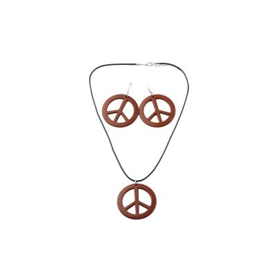 COLORFUL BLING Peace Sign Pendant Necklace Earrings Set Hippie Style Love Peace Necklace 60s 70s Retro Fluorescence Halloween Party Costume Accessory-Set Brown
