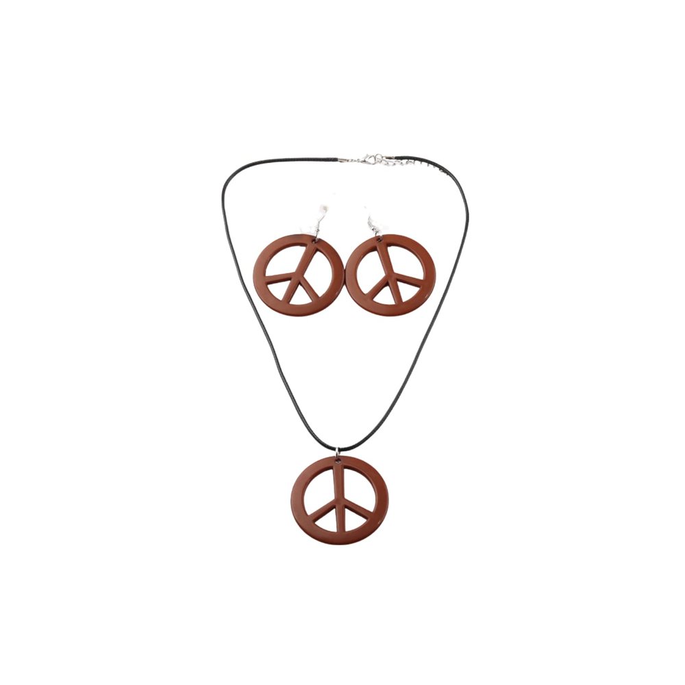 COLORFUL BLING Peace Sign Pendant Necklace Earrings Set Hippie Style Love Peace Necklace 60s 70s Retro Fluorescence Halloween Party Costume Accessory-Set Brown