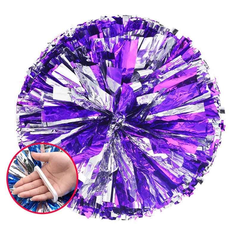 Purple and Silver Metal Cheerleading Pom Poms with Baton Handle 2 Pack for Team Spirit Sports Dance Cheering