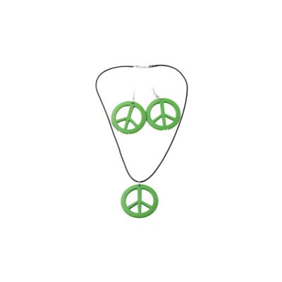 COLORFUL BLING Peace Sign Pendant Necklace Earrings Set Hippie Style Love Peace Necklace 60s 70s Retro Fluorescence Halloween Party Costume Accessory-Set Green