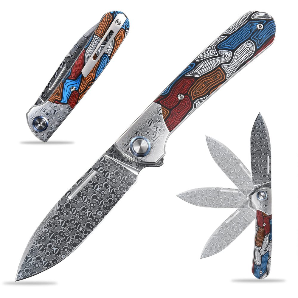 Sitivien ST256 Damascus Steel Folding Knife,Damascus Blade with Colorful G10 Handle EDC Knife for Outdoor Camping,Hiking, Fishing(Color)  