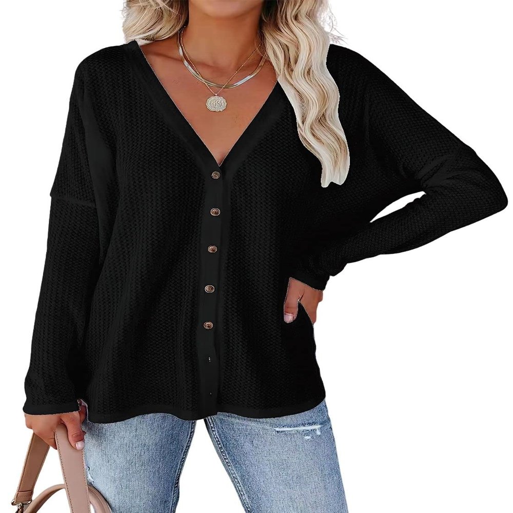 ebossy Womens Casual Button Down Waffle Shirt Sexy V Neck Baggy Fit Lightweight Knit Jacket Shacker (Large, Black)