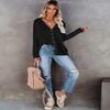 ebossy Womens Casual Button Down Waffle Shirt Sexy V Neck Baggy Fit Lightweight Knit Jacket Shacker (Large, Black) view 4