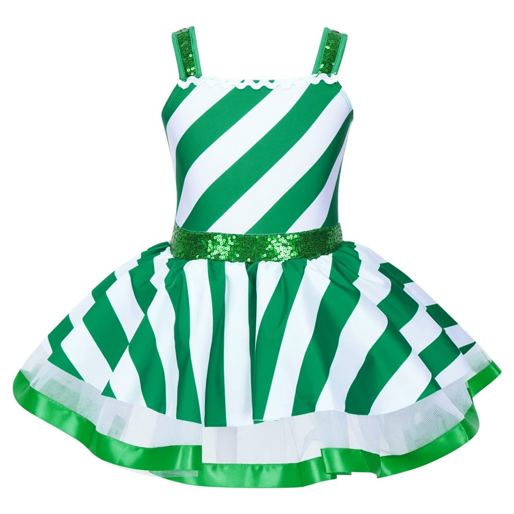 easyforever Girls Christmas Costume Sleeveless Sequins Striped Ice Skating Roller Skating Baton Twirling Leotard Dress Green 4 Years