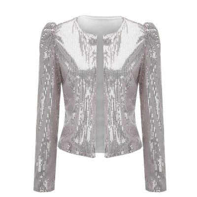Women Casual Fashion Sequin Sequins Sparkling Cardigan Jacket Wrap Jacket Women (Silver, L)