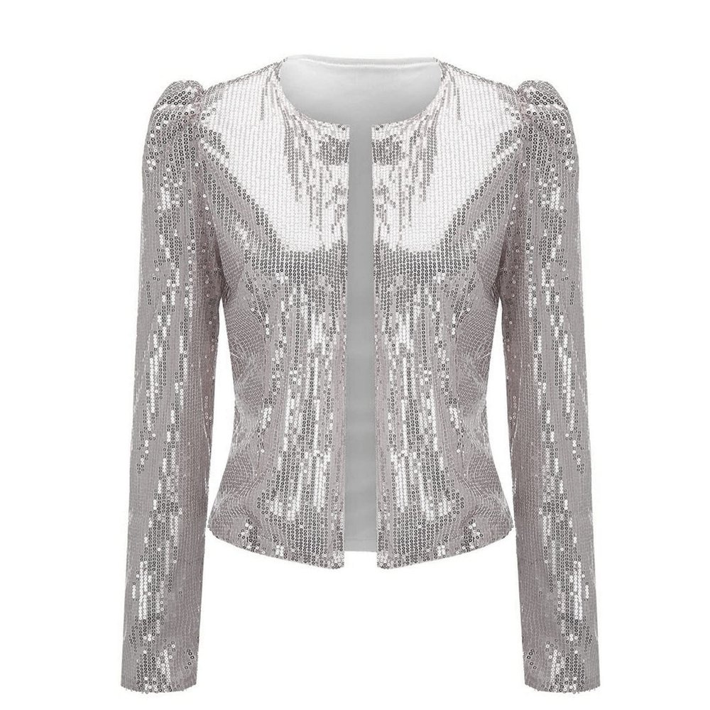Women Casual Fashion Sequin Sequins Sparkling Cardigan Jacket Wrap Jacket Women (Silver, L)