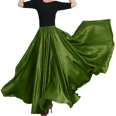 Backgarden Ladies 20 Yard Elegant Satin Long Full Skirt for Ballroom Belly Dance Performance Costume Dress Olive Green